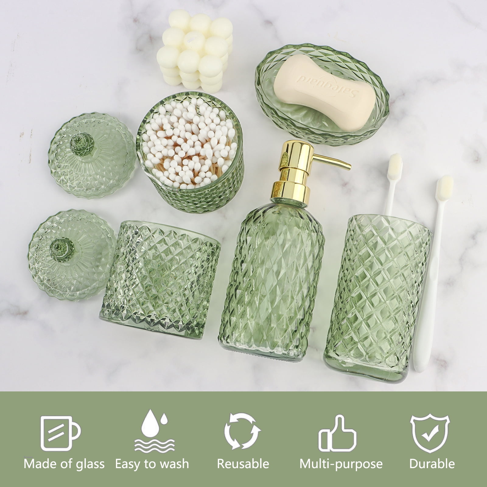 5PCS Bathroom Glass Soap Dispenser Set, Includes 2 Cotton Swab Jars, Cup, Soap Dish, Soap Dispenser, Bathroom Accessories, Green