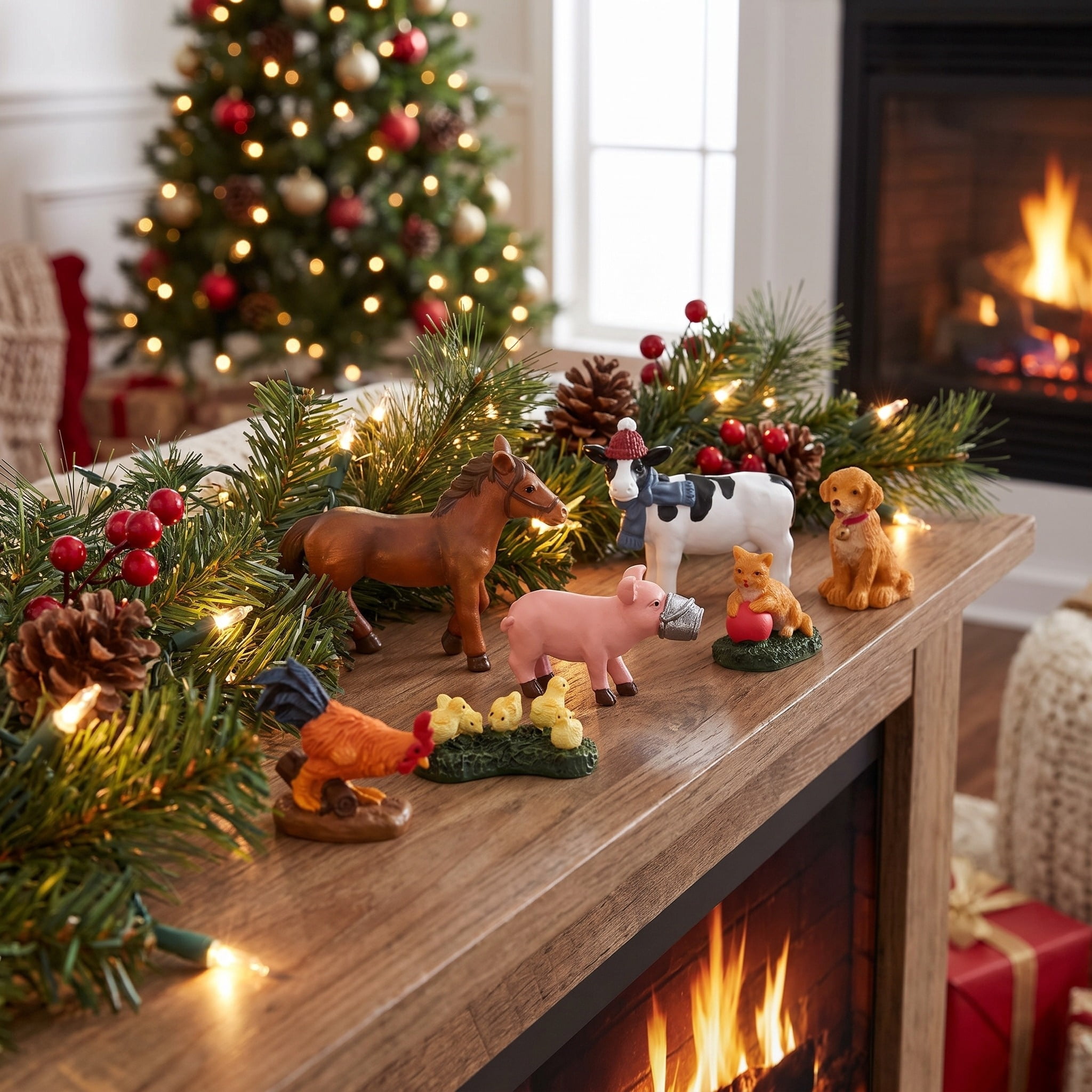 7-Piece Barnyard Animal Christmas Village Decorative Figurines, Multicolor, by Holiday Time