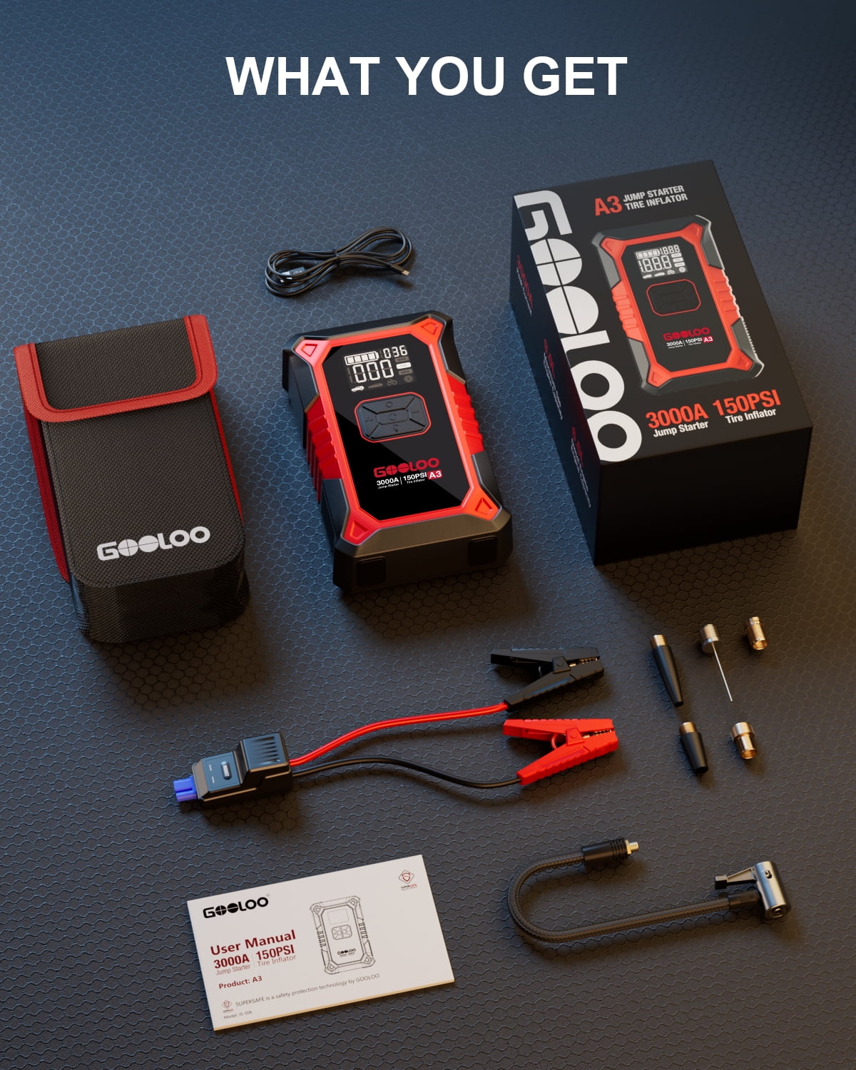 Gooloo Jump Starter with Air Compressor, 3000A Portable Car Battery Jump Starter (9.0L Gas/6.5L Diesel) with 150PSI Digital Tire Inflator, 12V Car Battery Charger Booster with LED Light