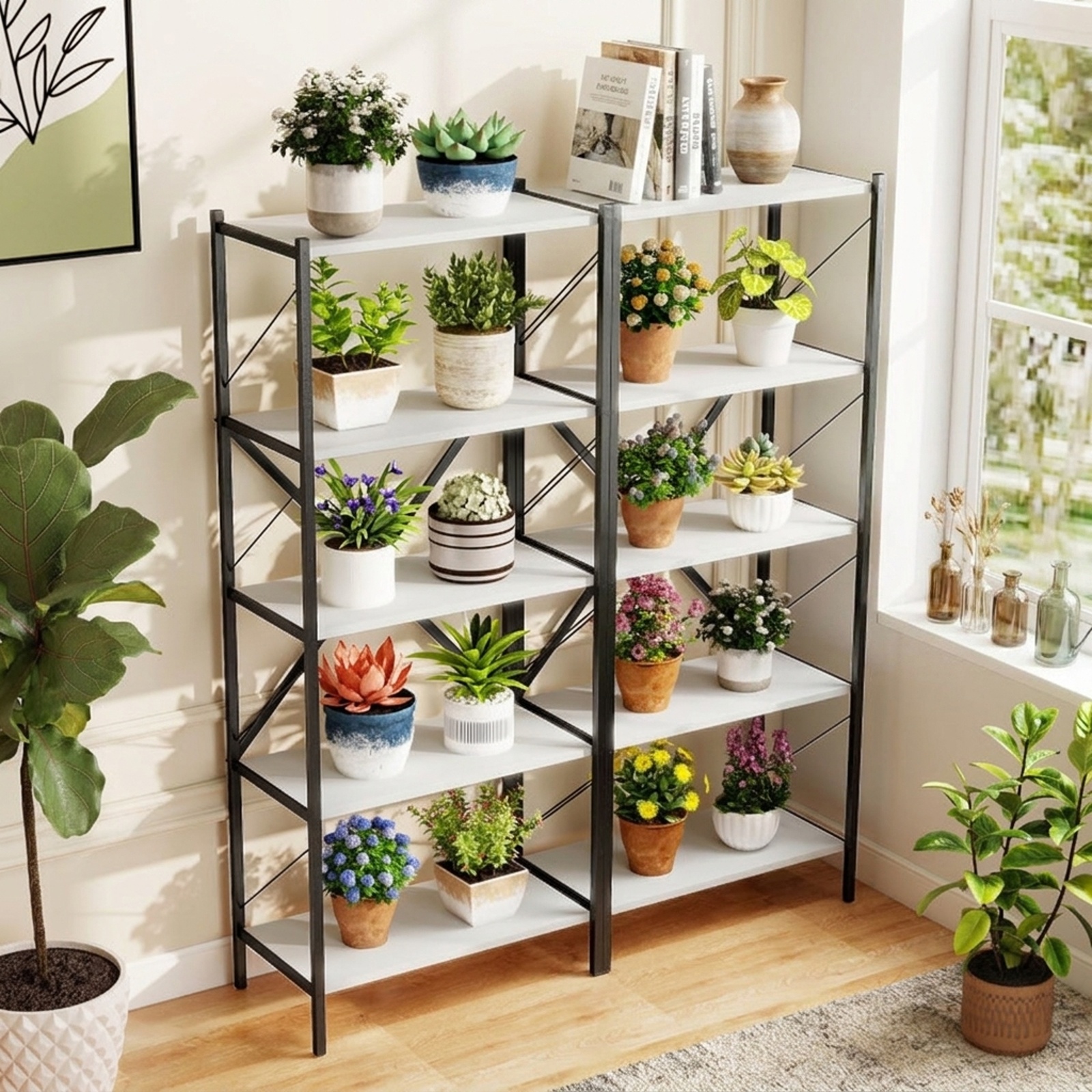 Furnibear 5-Tier Tall Bookshelf Industrial Bookcase with Heavy-Duty Metal Frame Modern Storage for Living Room Home Office Bedroom Display, White