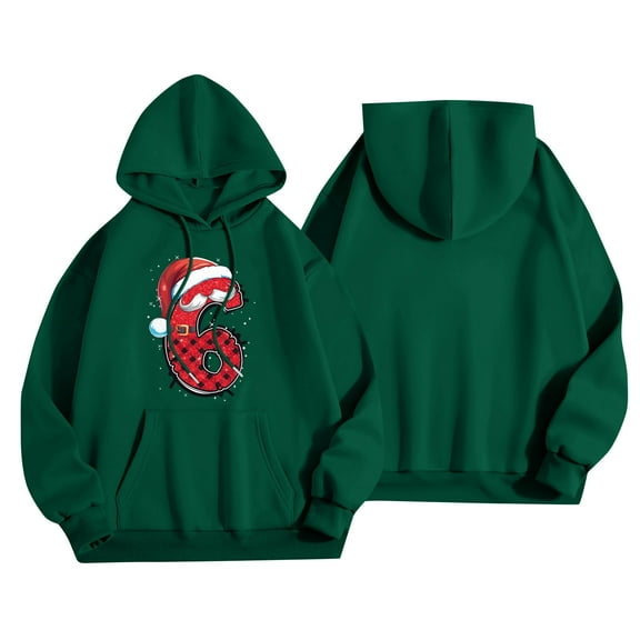 Women's Casual Fashion Outfit Sweatsuit Printed Long Sleeved Casual Hooded Sweatshirt, Christmas Design Loose Fit Pullover, Comfortable Holiday Wear,Dark Green,M