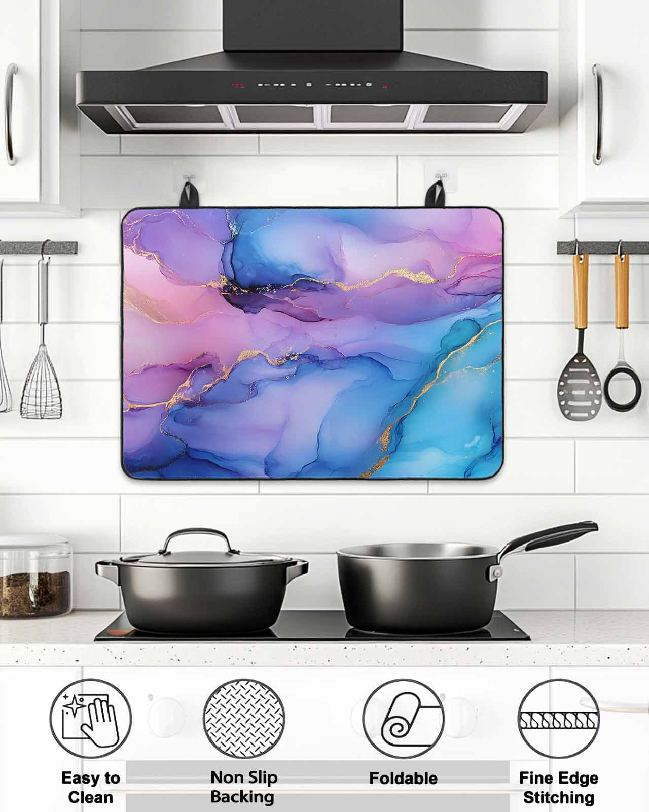 Stove Top Covers for Electric Stove, Blue Purple Ombre Glass Stovetop Cover Protector, Marble Modern Ink Painted Abstract Induction Cooktop Protector Oven Mat for Kitchen Countertop 24"x21"