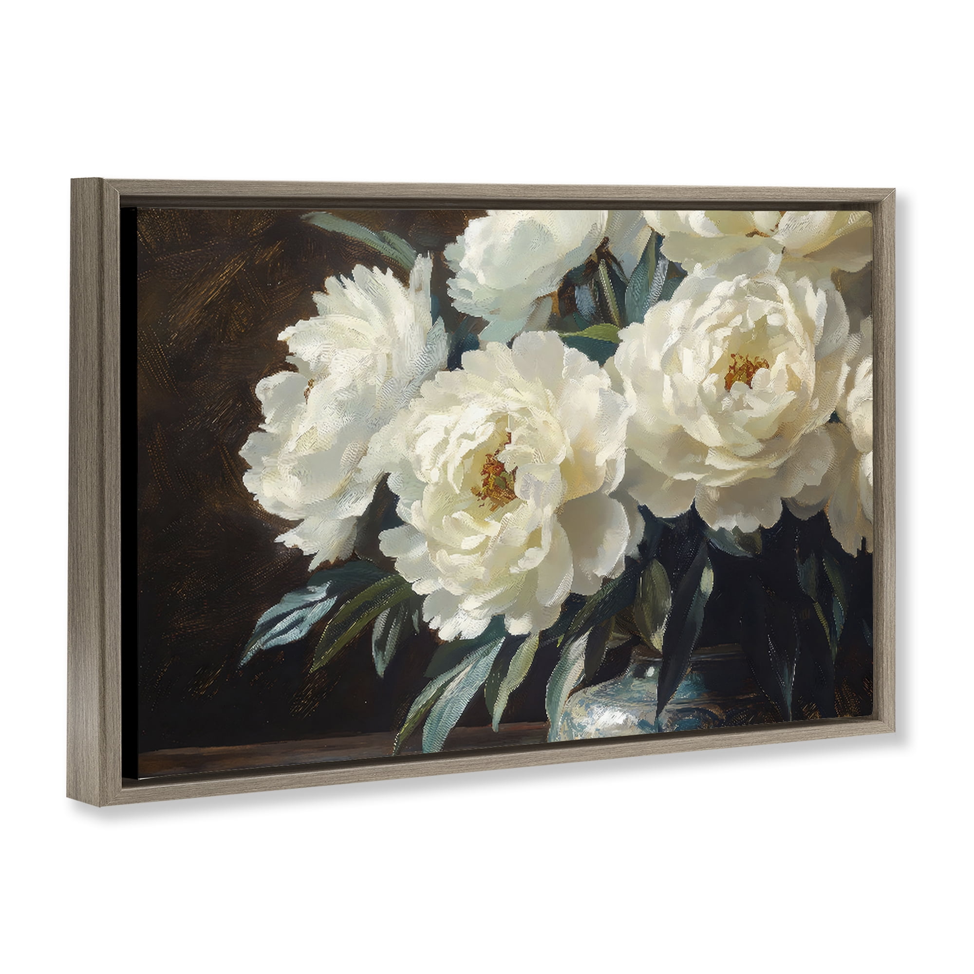 Stupell Industries Large Moody White Floral Brown Framed Floater Canvas Wall Art, design by Petal Prints Design