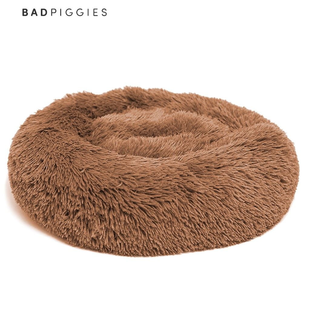 BadPiggies Pet Dog Cat Bed Kennels Warm Sleeping Cushion Plush Donut Faux Fur Round Nest (Brown, 32*32inches)