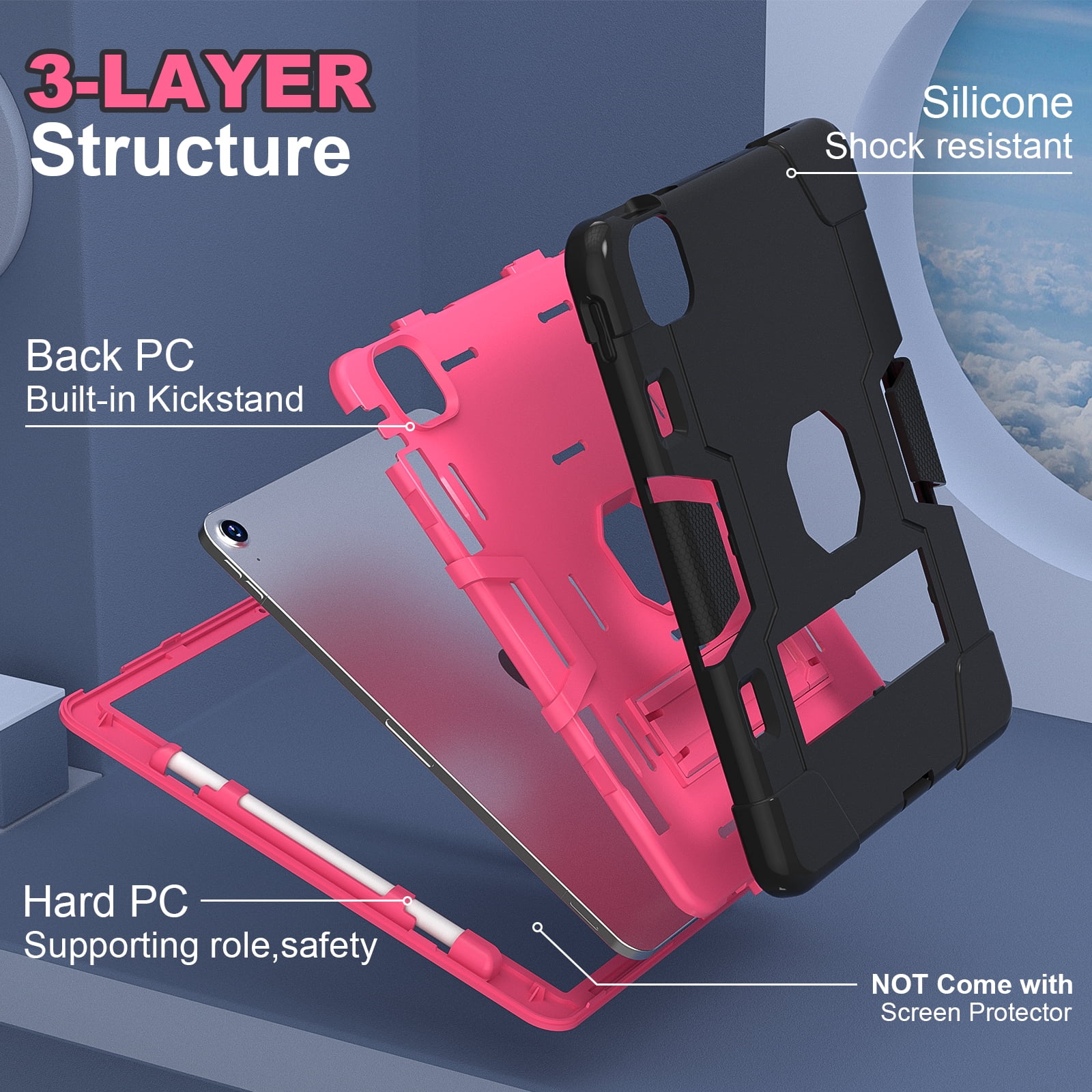 ELEHOLD for iPad Air 11 Inch Case 2024 Release, iPad Air 11 (M2) Case with Pencil Holder and Kickstand, Heavy Duty Shockproof Protective Cover,Black+Rose