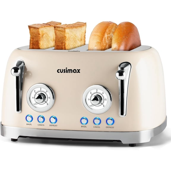 Toaster 2 Slice with Extra Wide Slots for Bagels, Stainless Steel Retro Toaster with 6 Toast Settings and 4 Functions, Bagel, Cancel, Defrost & Reheat, Removable Crumb Tray, Cream