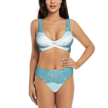 Zeuib Bathtub with Soap Bubbles High Waisted Tummy Control Bikini Set - Knot Front Push Up Top & Cheeky Thong Bottom  Two-Piece Swimsuit for Women-Large
