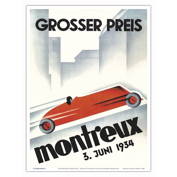 1934 Montreux Grand Prix (Grosser Preis) Switzerland - Vintage Car Racing Poster by Johannes (Hans) Handschin - Master Art Print (Unframed) 9in x 12in