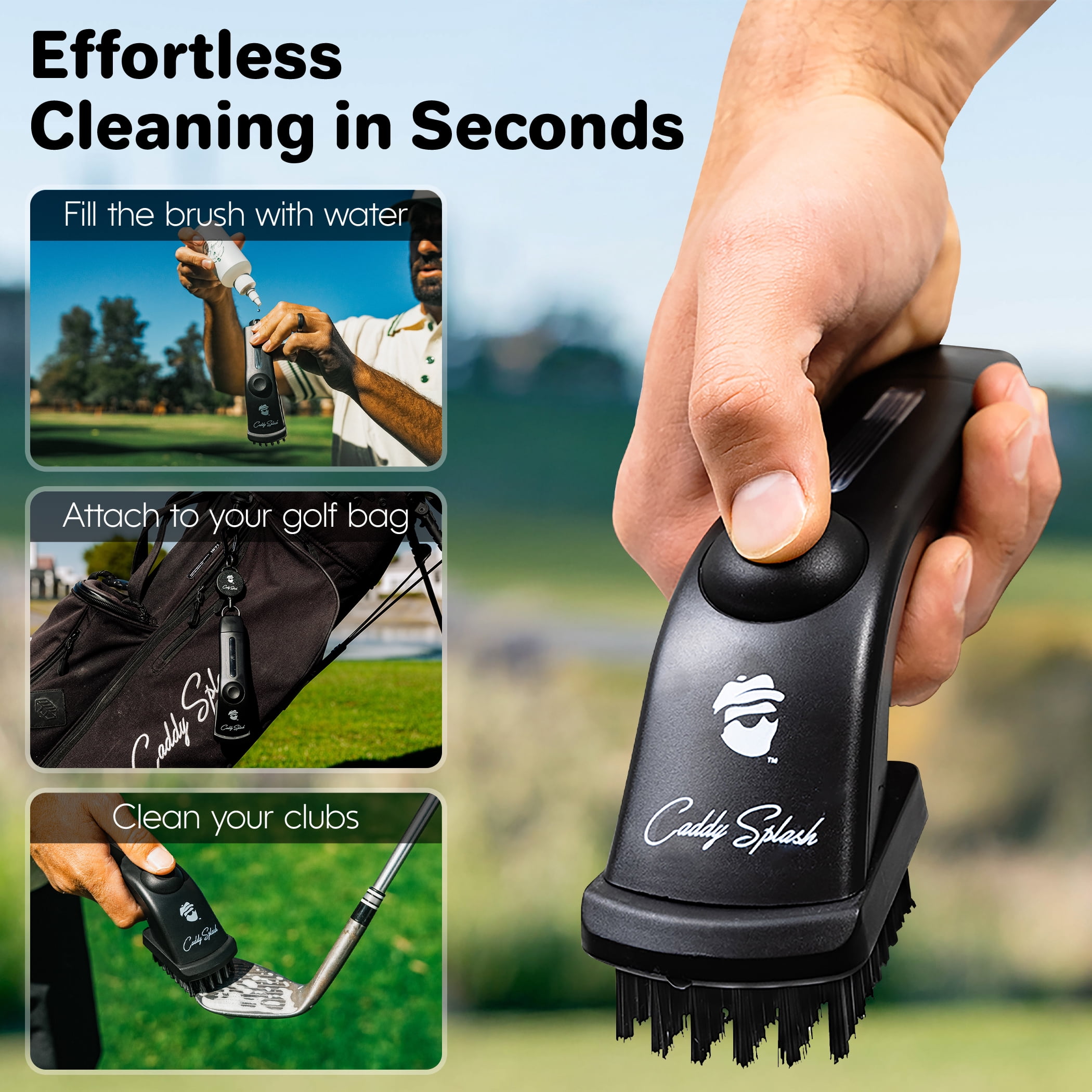 Caddy Splash Golf Club Brush Pro with Water- Heavy Duty Retractable Clip- Push Button for Easy Cleaning- Nylon Bristles- Holds 4 Oz- Golf Accessories for Men- Best Golf Gift - USA Company (Black)