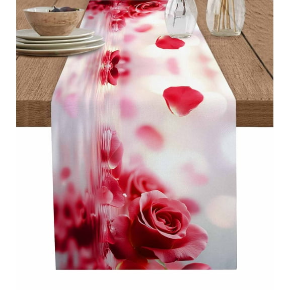 Red Rose Fantasy Table Runner Cotton Linen 36 Inch Holiday Dresser Scarves, Elegance Floral Romantic Reflection Tablerunner for Kitchen Coffee Dining Bedroom Living Room Dinner Scarf Décor 13''x36''