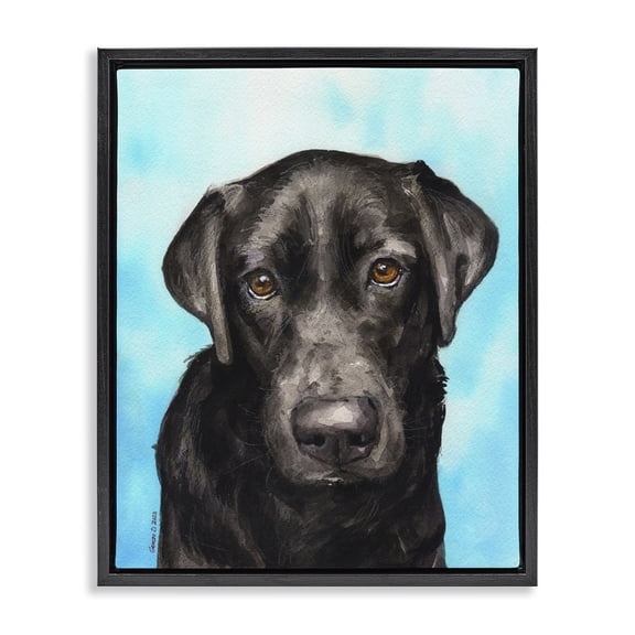 Stupell Industries Contemporary Black Lab Portrait on Blue Black Floating Frame Canvas Art, 25 x 31, by George Dyachenko