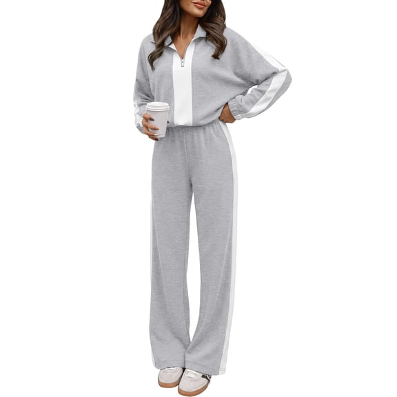Szluipve 2 Piece Sets for Women 2 Piece Tracksuit Outfit Color‑Block Half Zip Collar Sweatshirt & Side Stripe Wide Leg Pants Set Casual Loose Loungewear Suit for Daily Sport Gray XL