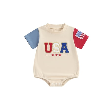 

ESASSALY Baby 4th of July Jumpsuit Letter Embroidery Short Sleeve Romper