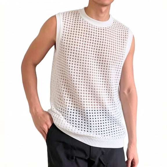 Kalauyu Sleeveless Hollow Mesh Knit Tank Tops for Men Round Neck Perforated Breathable Casual Summer Beach Tops