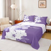 Manfei Retro Flower Twin Sheet Sets,Modern Aesthetic Art Twin Fitted Sheet,Purple White Ombre Flat Sheet For Men Women,Luxury Bedroom Decor,3pcs