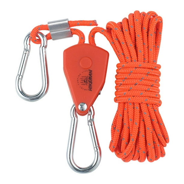 Luzkey Pulley Ratchet Rope Hanger, Heavy Duty Reinforced Metal Gears Fixed Buckle Tensir Reflective Non Slip Wind Rope For Camping Hiking 4mm 4m Orang