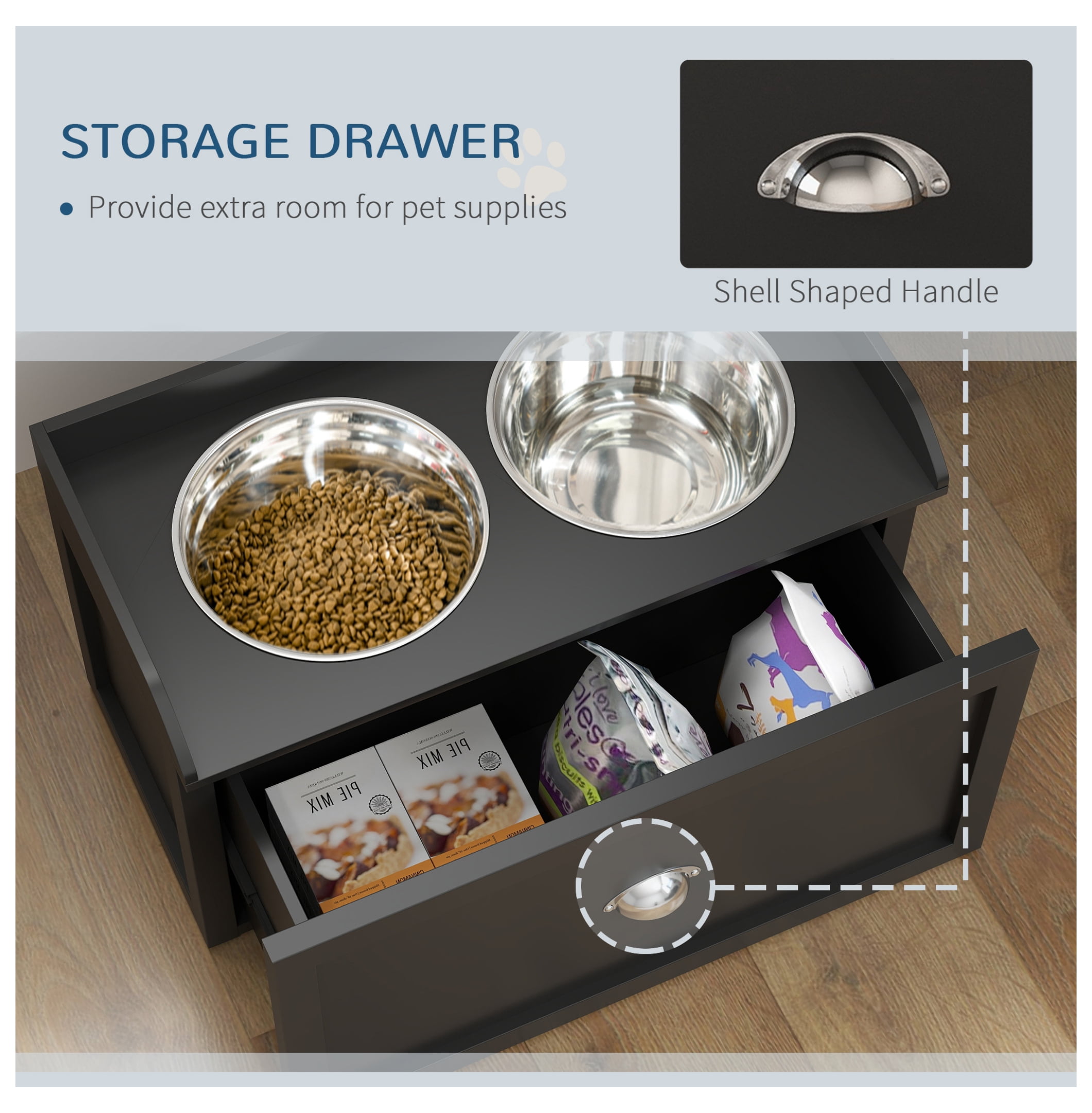 Dog Feeding Station Elevated Bowls for Large Dogs, Pet Dish Set with Storage, Black