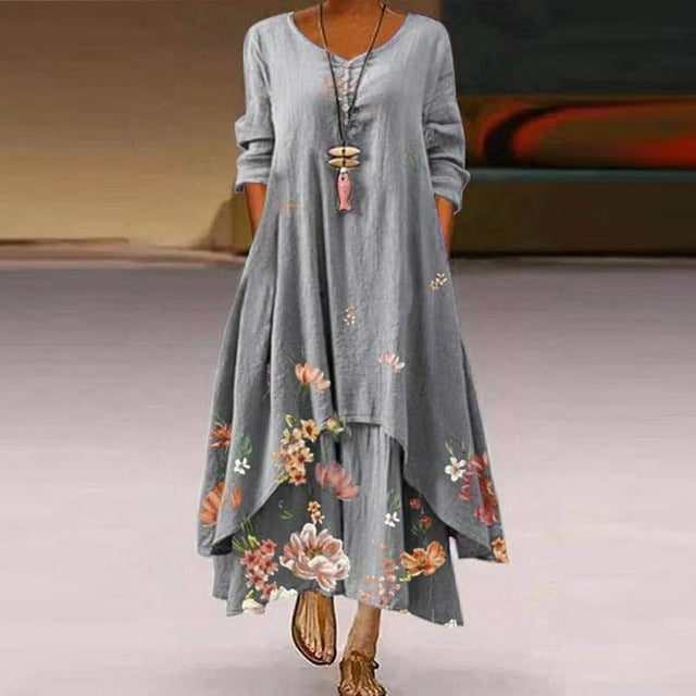 Robe Maxi d'Été pour Femmes à Manches Mi-Longues, Col, Décontractée, Ample, Longue, de Plage, à Boutons, Grande Taille, Robe Bohème, Robe Soleil, Froncée, Fluide, Longue pour Femmes