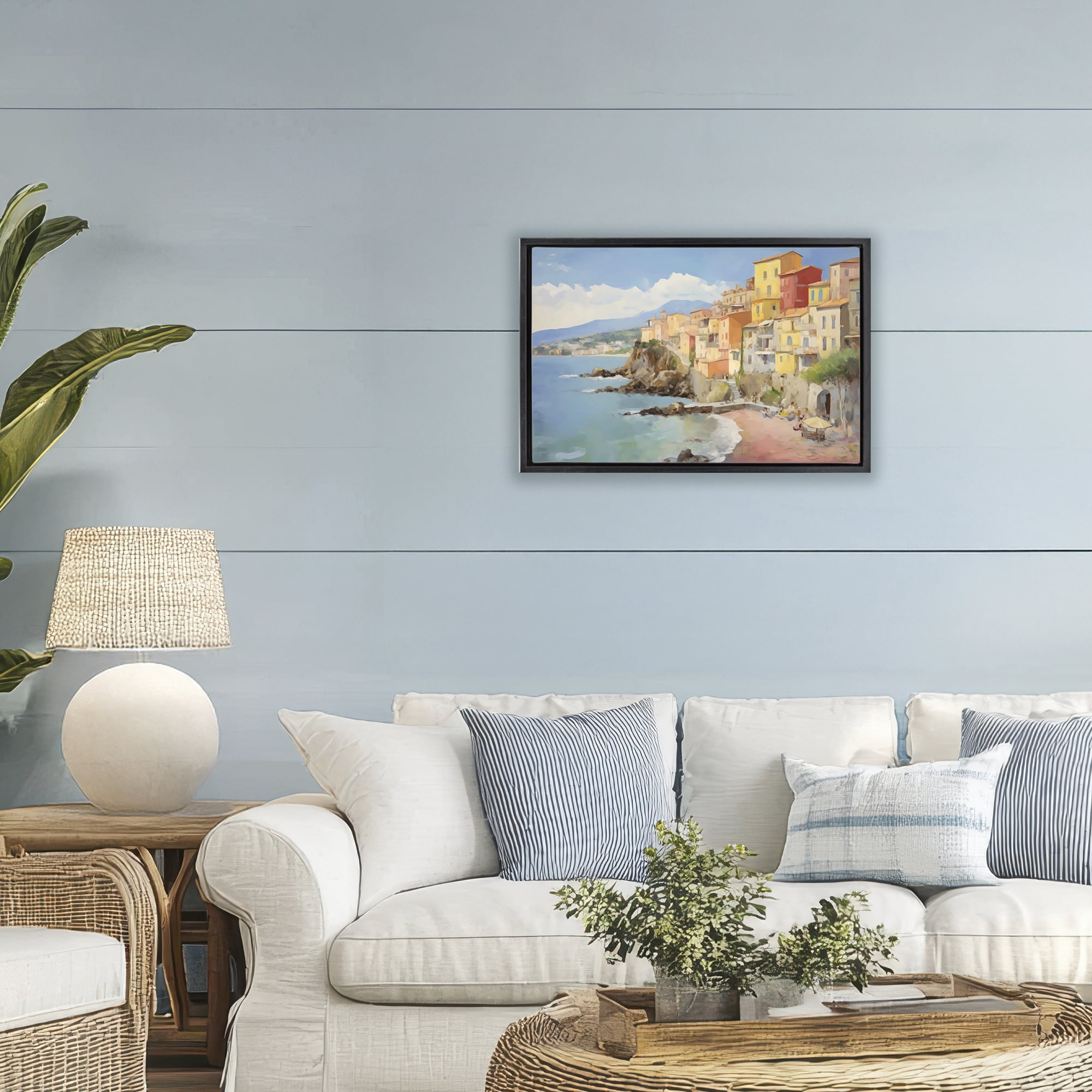 Stupell Industries Colorful Coastal Town by Sea Black Framed Floater Canvas Wall Art, design by Creative Studio