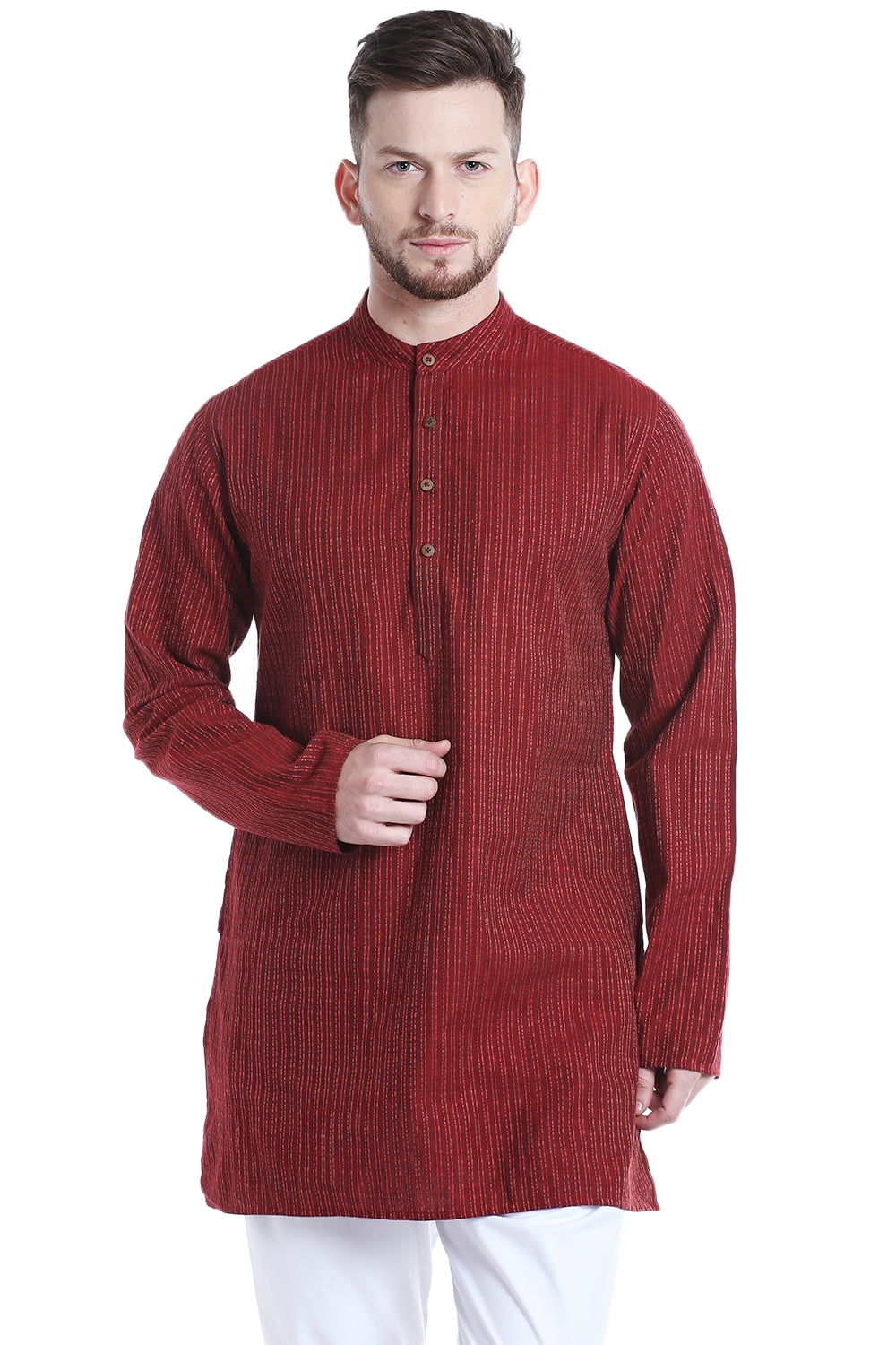 Shatranj Men's Indian Mandarin Collar MidLength Fine Stripe Kurta