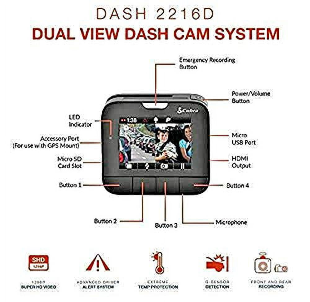 Cobra Dash 2216D Drive HD Dual View 2-Channel Dash Cam with Driver Alert  System, 1080p Front/720p Rear