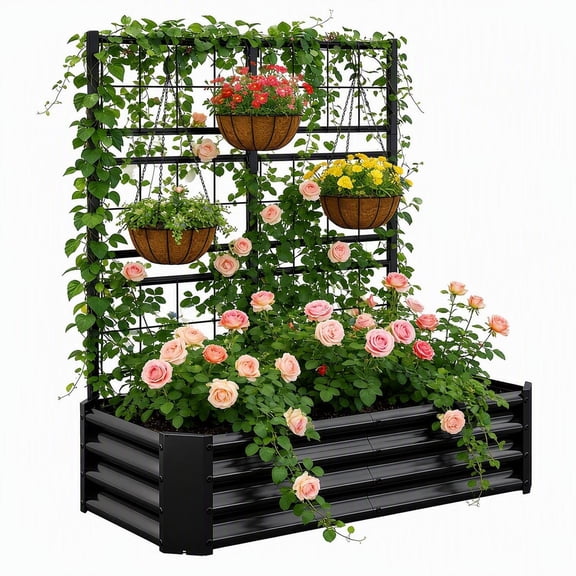 Galvanized Metal Raised Garden Bed 4x2x1FT with Arch Trellis for Climbing Plants, Heavy Duty Outdoor Planter Box