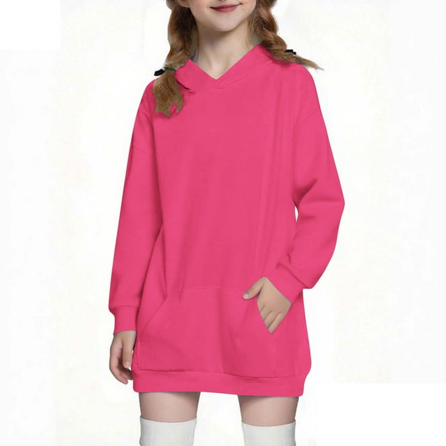 Girls Long Sleeve Hooded Sweatshirt Dress with Pockets - Soft Polyester Pullover for Ages 5-14