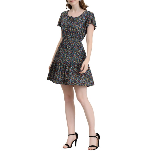 INSPIRE CHIC Vestido A-Line con Mangas de Volante Floral y Cintura Elástica en Azul Marino