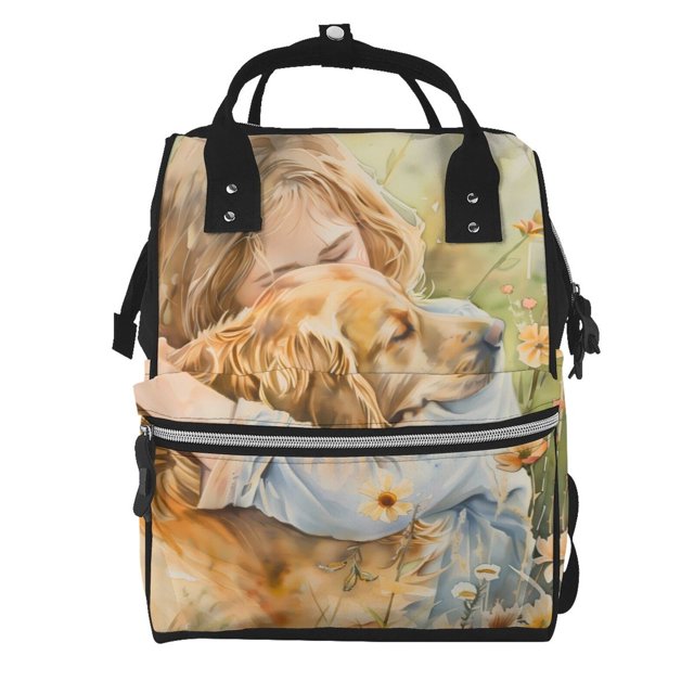 Easygdp Girl Hugging Dog Flowers para Bolsa de Bebé de Gran Capacidad con Múltiples Bolsillos, Bolsa de Pañales para Padres, Bolsa de Viaje Organizada y Elegante