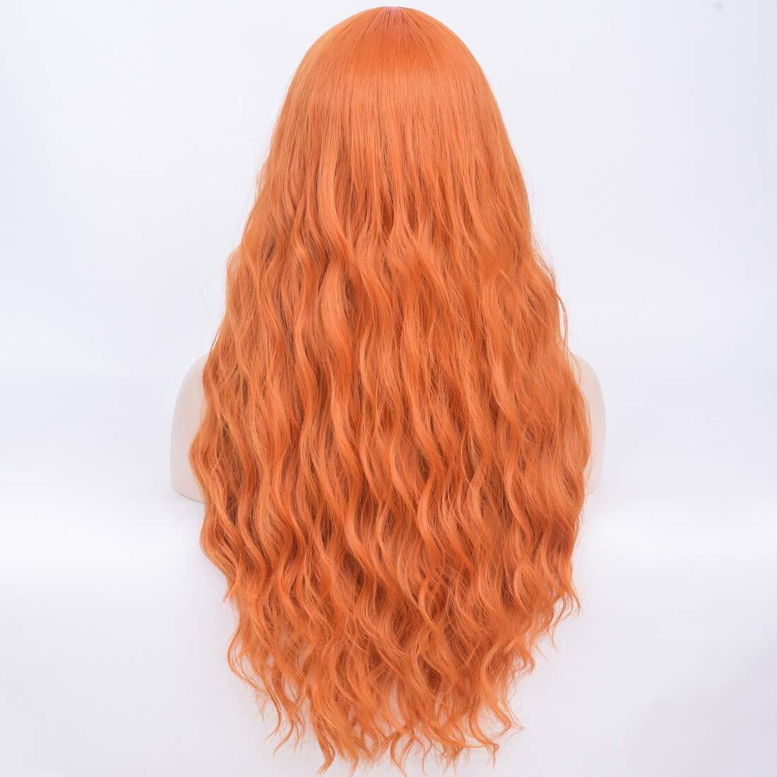 BERON Orange Wig Curly Wavy Wig With Bangs for Women Curly Wavy Synthetic Wigs for Girls Daily Party Use Wig Cap Included