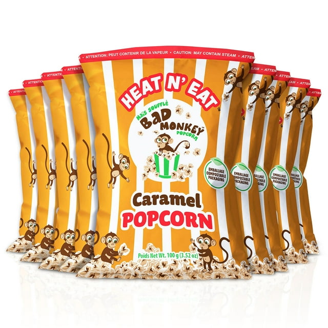 Bad Monkey Caramel Heat N' Eat Gourmet Pre-Popped Popcorn in Eco-Friendly Compostable Popcorn Bags - Heat in Oven or Microwave - 9 Pack