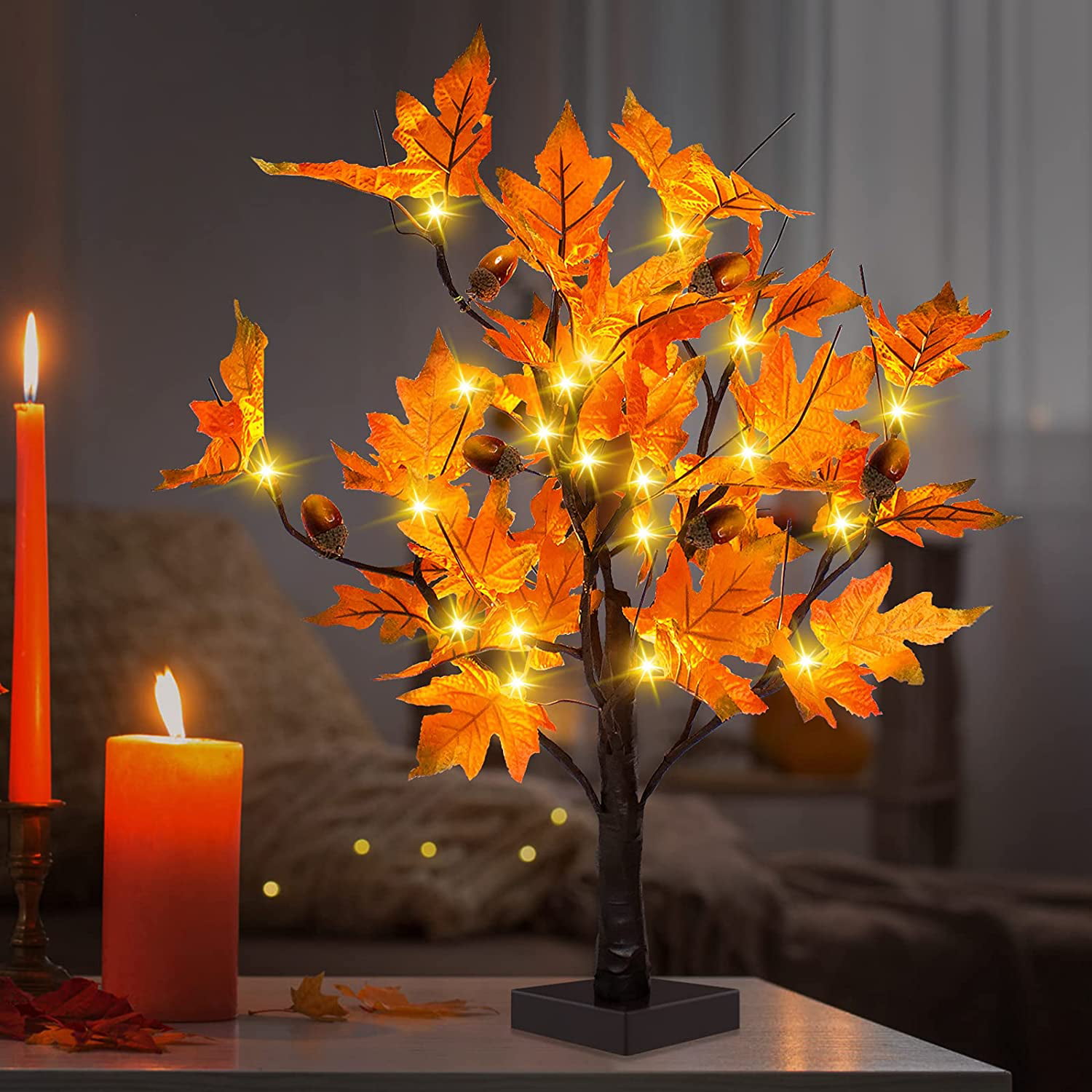 24 LED Lighted Tabletop Fall Maple Tree Xmas Decor Thanksgiving Decoration Table 