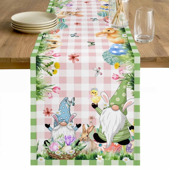 Easter Table Runner - 120 Inch Long Spring Gnomes Floral Bunny Duck Green Pink Plaid Cotton and Linen Blended Dress Scarves Farmhouse Table Runner for Kitchen Dining, Coffee Table, 13" x 120"
