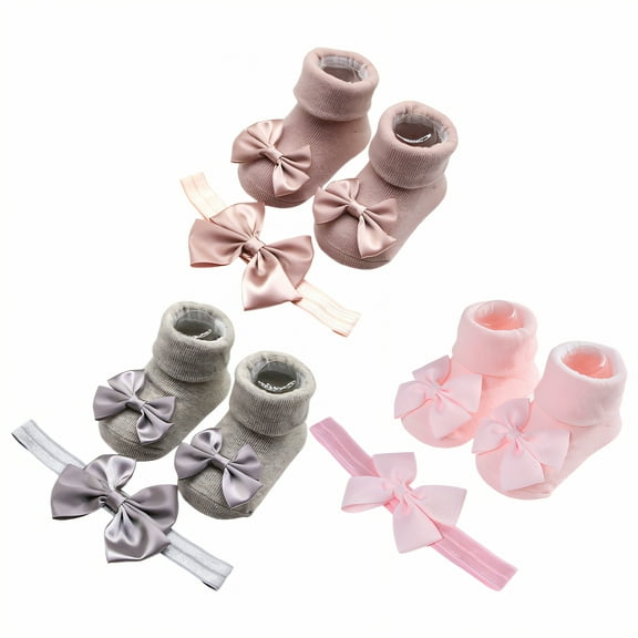 TELOLY 3Pairs Kids Socks,Bow Headband Baby Girl Socks,Baby Headband & Socks Toddler Socks 2T-3T,Combination1