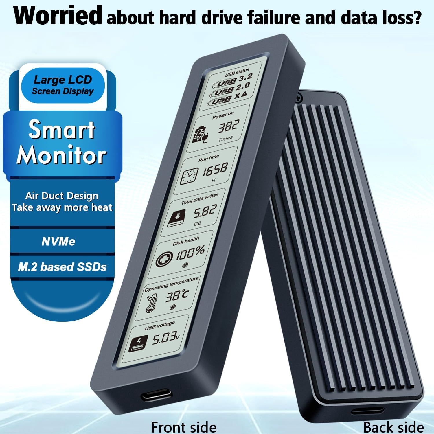 Smart M.2 NVMe SSD Enclosure with LCD Screen – 10Gbps USB 3.2 Gen2, Real-Time Health Monitoring, Tool-Free Installation, Heat Dissipation for NVMe PCIe 2230/2242/2260/2280 up to 4TB