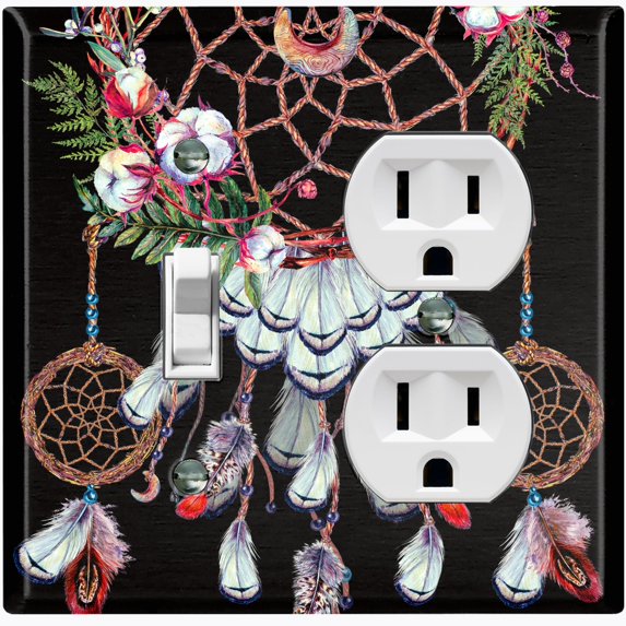 Metal Light Switch Plate Cover Beaded Feather Dreamcatcher Black DRM007