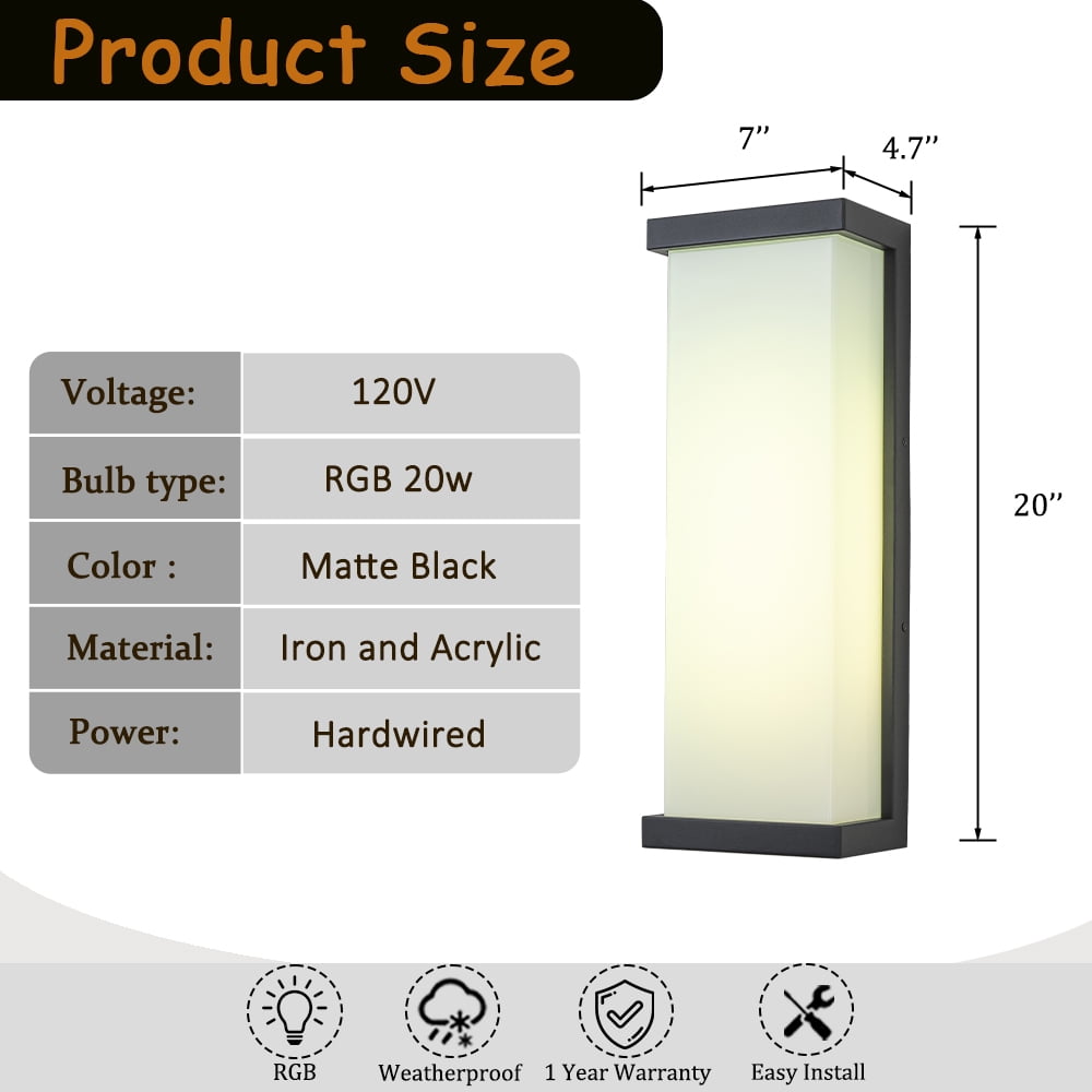 H20" Smart RGB Outdoor Wall Light Modern Large Integrated LED Wall Sconce with Remote and App Control Weather-Resistant Cast Iron Exterior Light Fixture for Porch Garage Garden