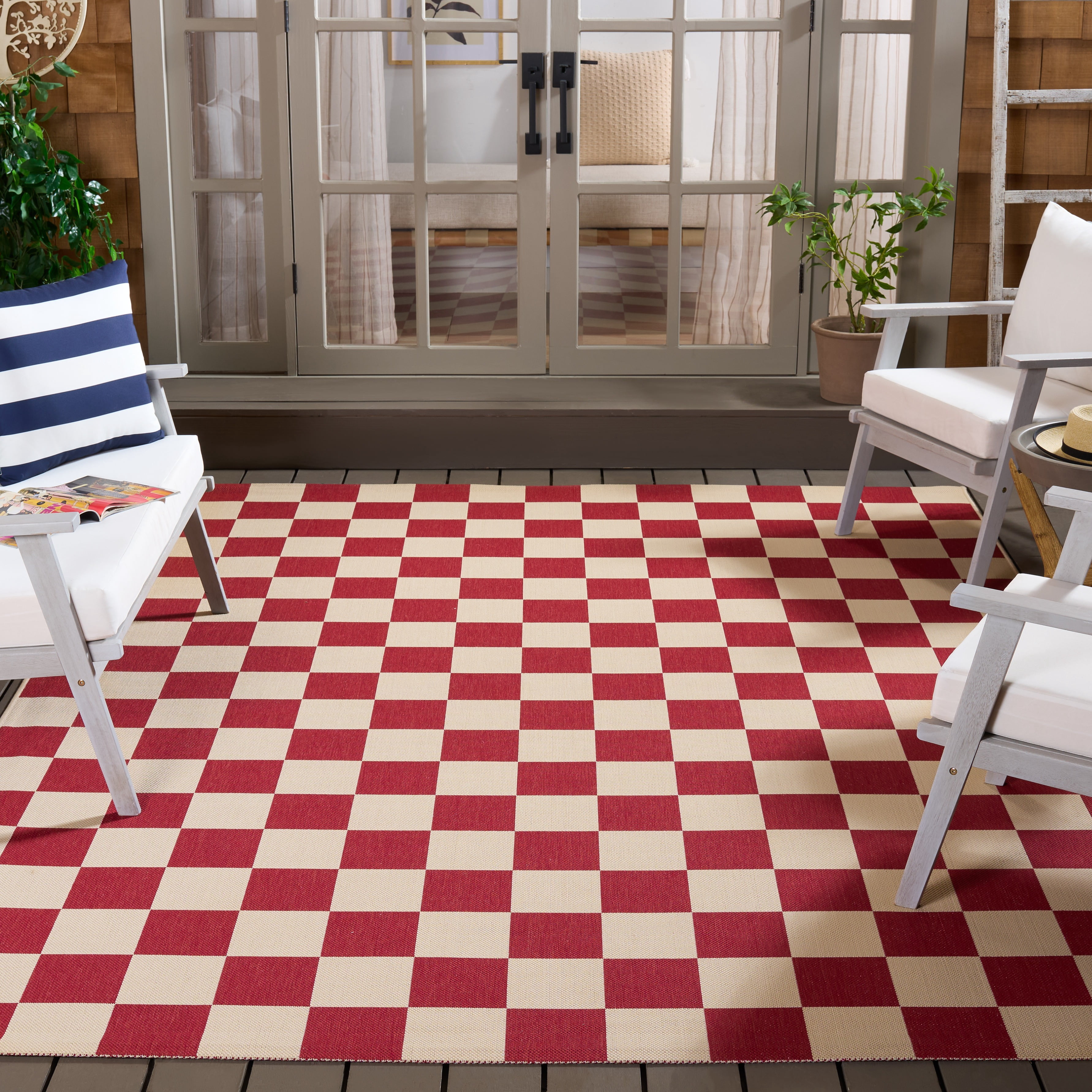 SAFAVIEH Courtyard Talbot Checkered Indoor/Outdoor Area Rug, Red/Beige, 8' x 10'