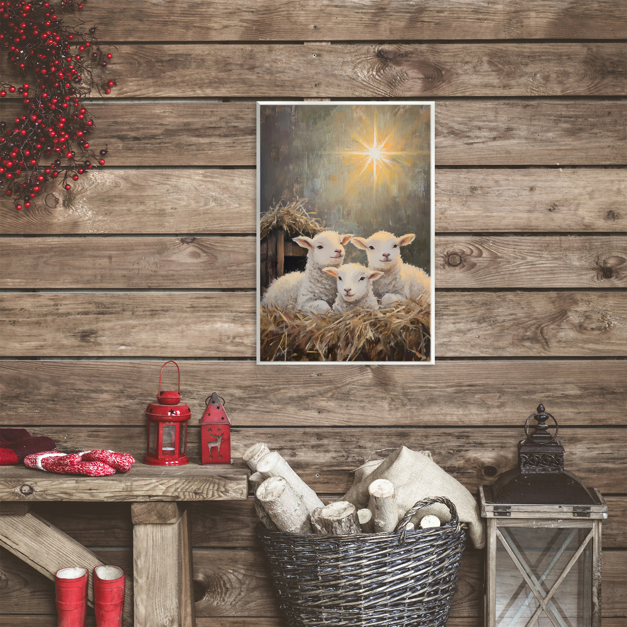 Festive Lambs in Stable Wall Plaque Art, design by Petal Prints Design