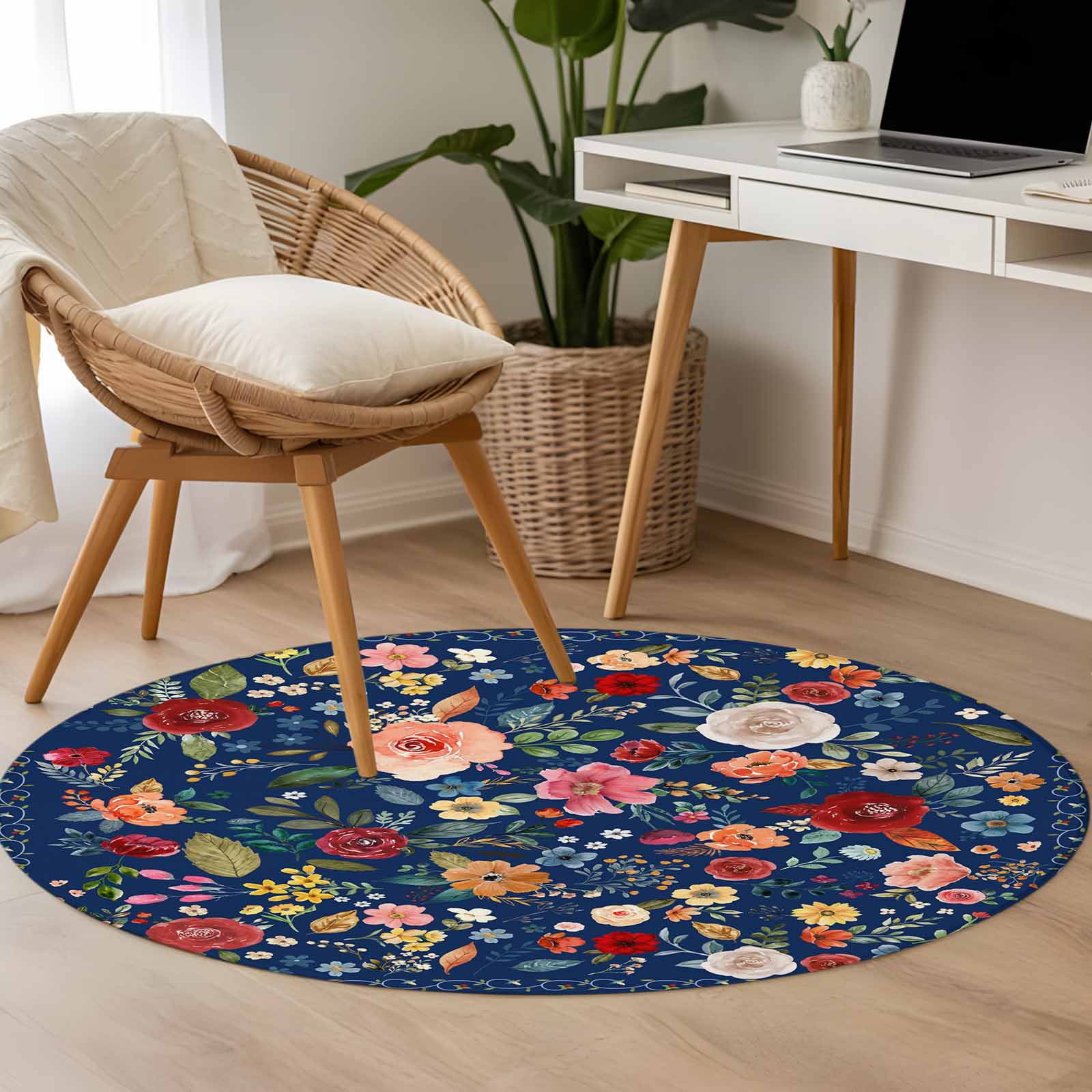 Round Rugs 3 Ft, Navy Blue Flowers Non Slip Area Rugs for Kitchen Bedroom Entryway, Spring Vintage Floral Leaves Farmhouse Washable Carpet Runner Rug Floor Mats for Bedroom Home Decor