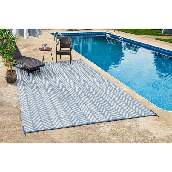 MMZP Outdoor Camping Rug - Waterproof, Fade Resistant, Reversible - Premium Recycled Plastic - Herringbone - Large Patio, Deck, Sunroom, RV - Fresno - Light Blue - 9 x 12 ft Foldable