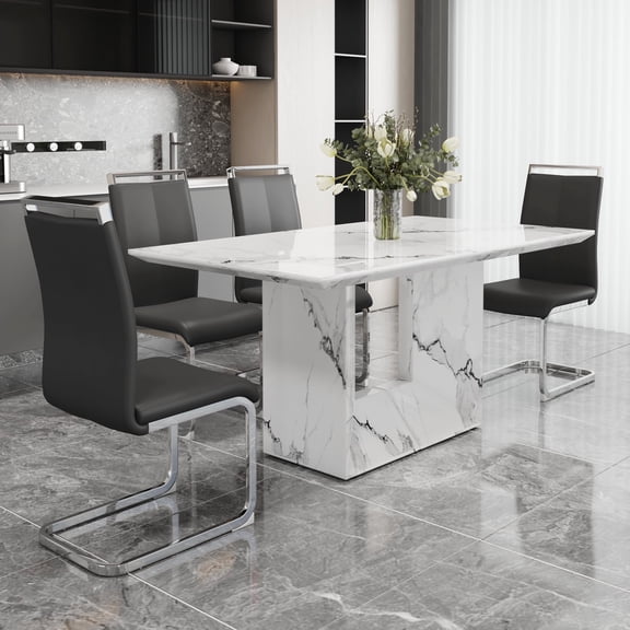 NYEESS Modern Dining Table Set for 4, 63" White Faux Marble Table and 4 Black PU Leather Chairs, MDF Kitchen Table with Silver Metal Legs, Rectangular Dinner Table Set for Home