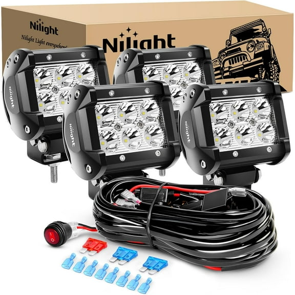 Nilight 4PCS 4 Inch 18W Spot Led Light Bars LED Work Lights Led Fog Lights Off Road Driving Lights with Off Road Wiring Harness