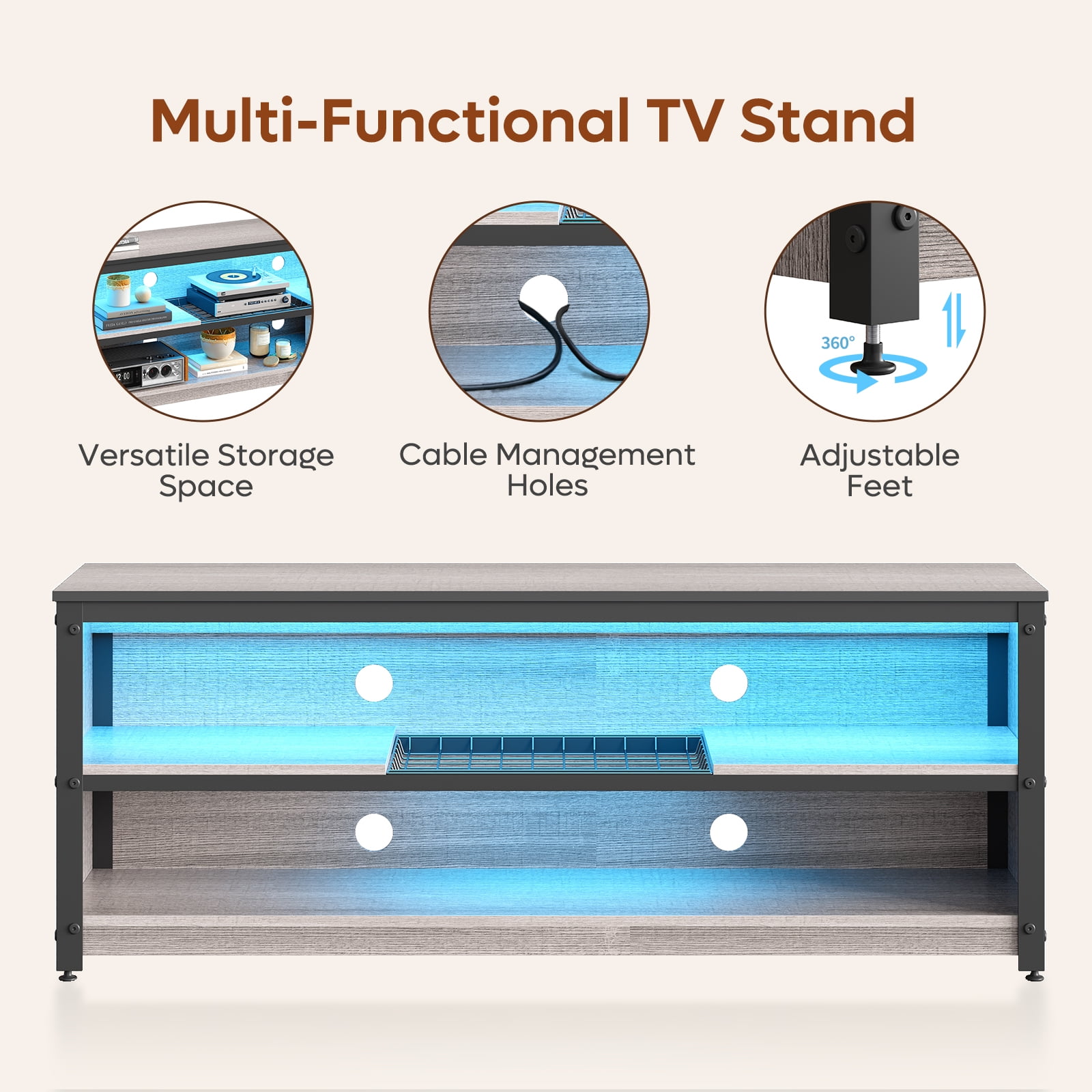 Bestier LED TV Stand for 50 55 60 Inch TV, Modern Entertainment Center Media Console with Adjustable Shelf for Living Room Bedroom, Gray