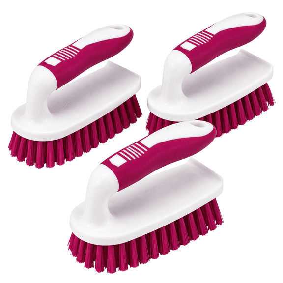 3 Pack Heavy Duty Scrub Brushes with Rubber Grip Handles for Bathroom Shower Tile Floor Cleaning White Pink by Dependable Industries