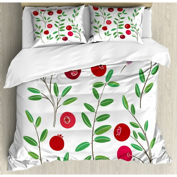 Cranberry Duvet Cover Set King Size, Meadow Branches Exquisite Flourishing Nature Fruits Harvest Print, Decorative 3 Piece Bedding Set with 2 Pillow Shams, Jade Green Ruby Maroon, by Ambesonne