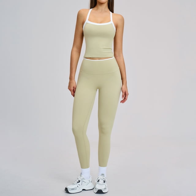 AEXTO Two Piece Color Block Womens Workout Sets Cross Back Tank Top Matching High Waist Leggings Sets Gym Outfits Activewear