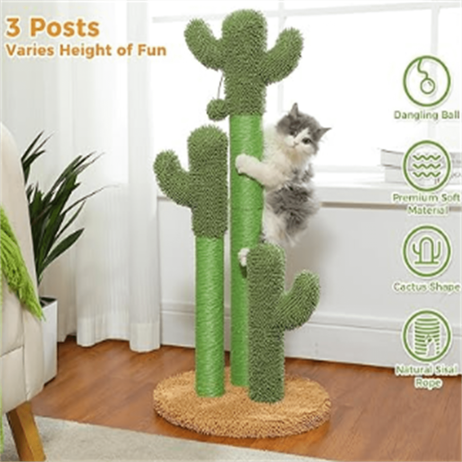 Scratching Post Cactus Cat Scratcher Featuring with 3 Scratching Poles and Interactive Dangling Ball - 35 Inches