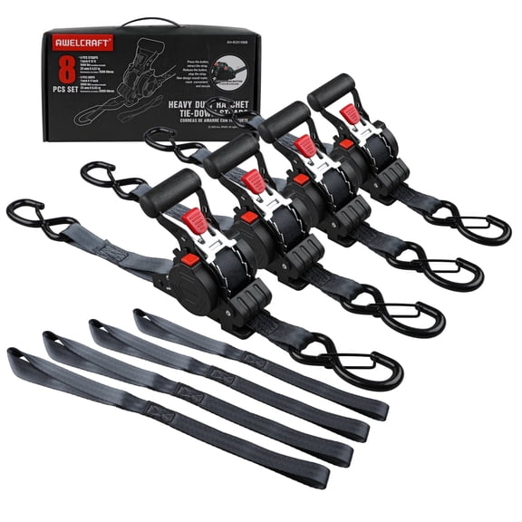 AWELCRAFT Retractable Ratchet Straps, S-Hooks, Heavy Duty, Push Button, 1500 lb Break Strength, 4 Pack, 1 inch x 12 Feet