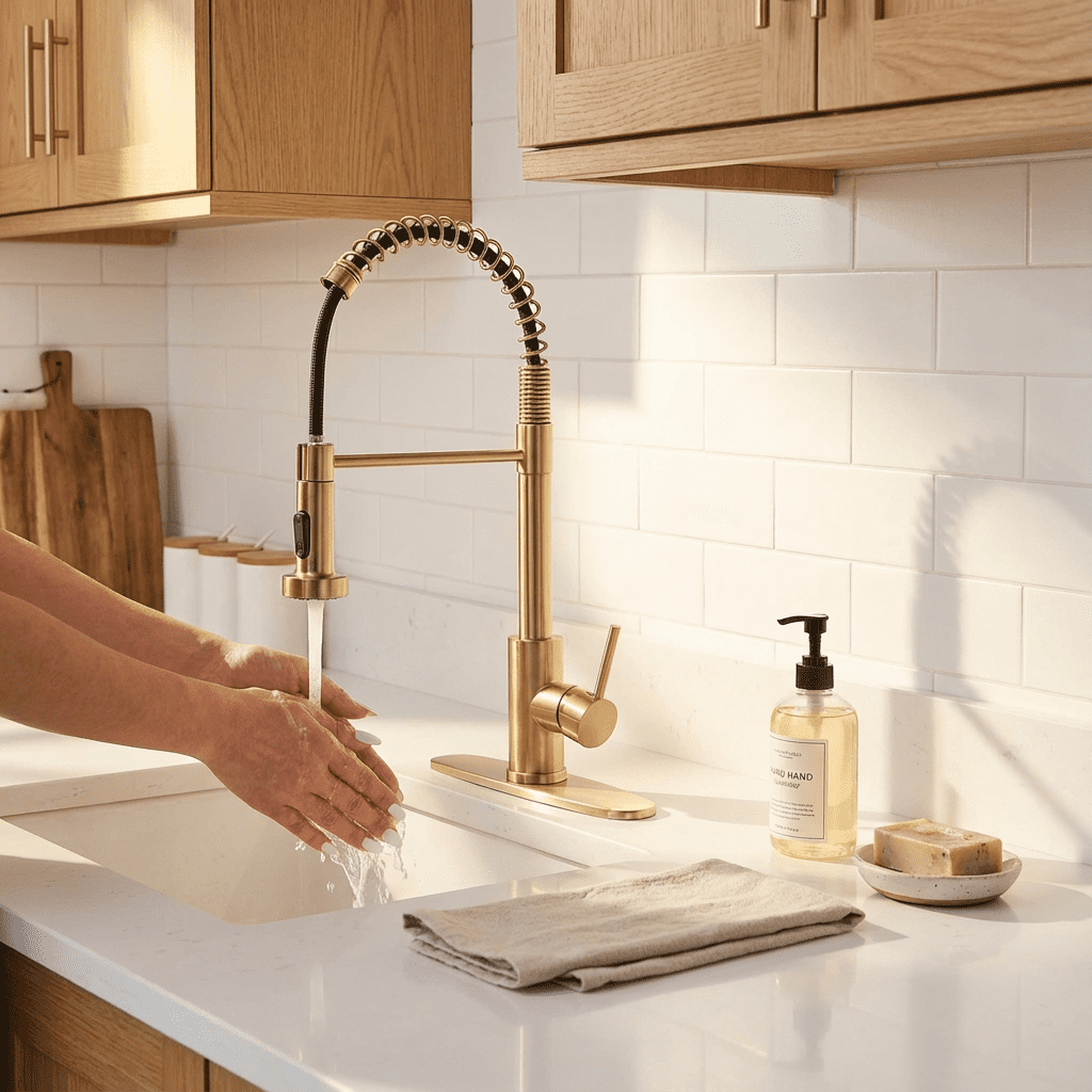 Kitchen Faucet with Pull Down Sprayer Industrial 1 Handle 1 Hole or 3 Hole Faucet for Farmhouse Camper Laundry Utility,Brushed Gold